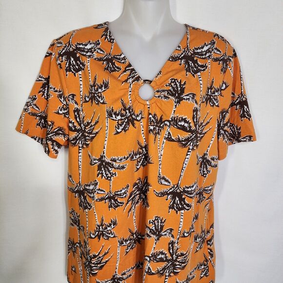 Denim & Co Women Top Medium Printed Jersey V Neck Short Sleeve Palm Tree A379753 - Picture 3 of 10